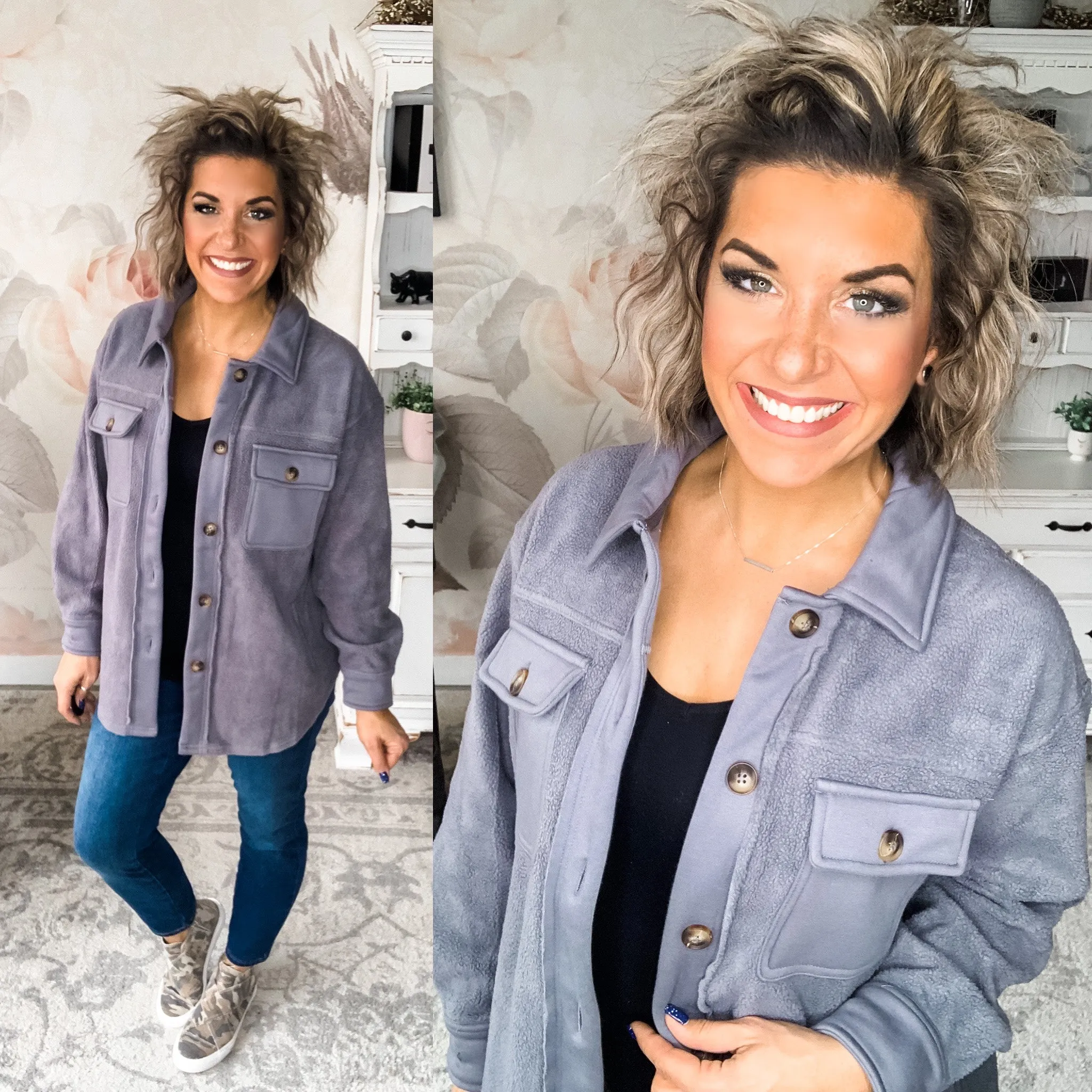 Morning Snuggles Button Down Shacket - Charcoal