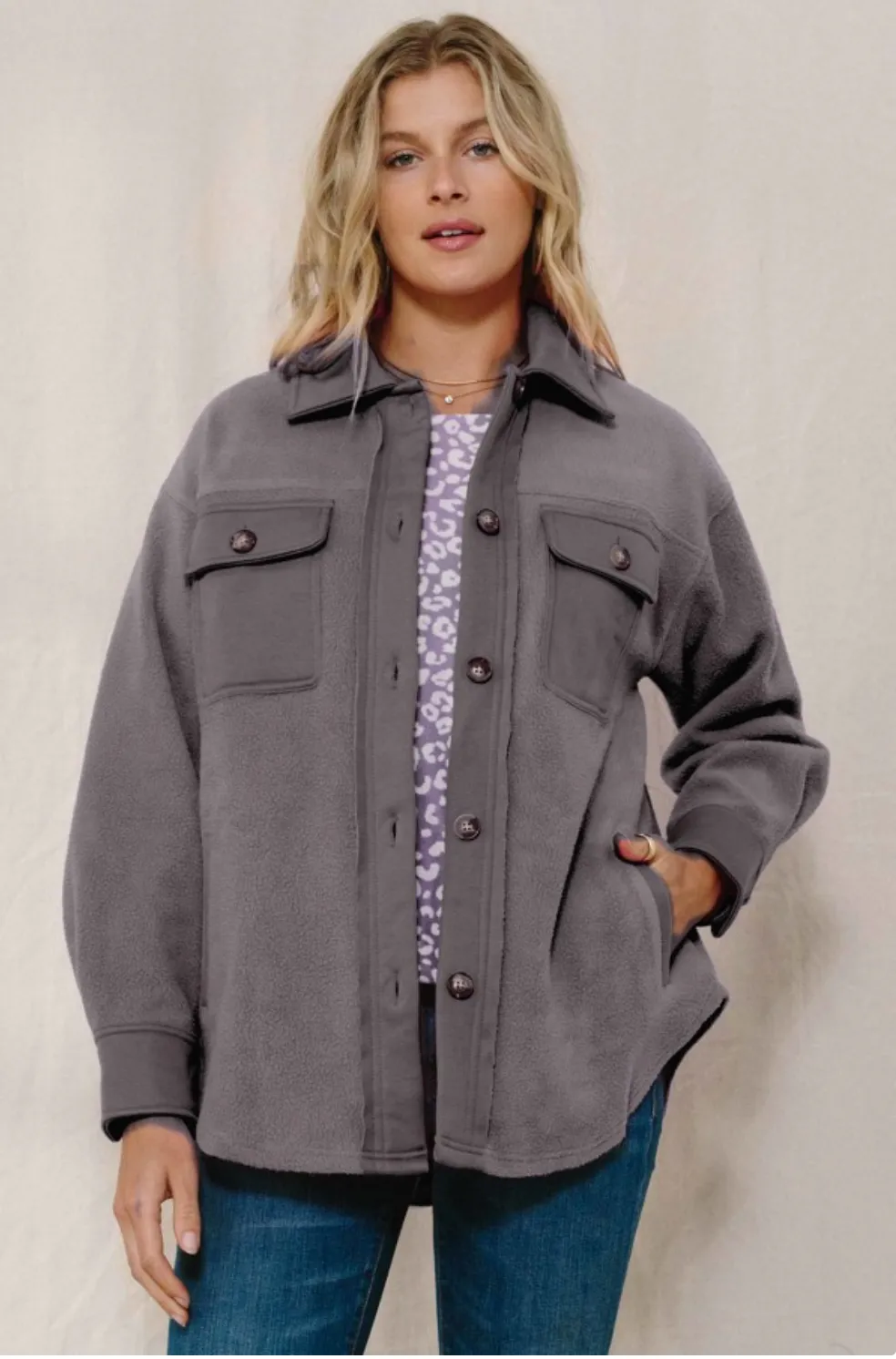 Morning Snuggles Button Down Shacket - Charcoal