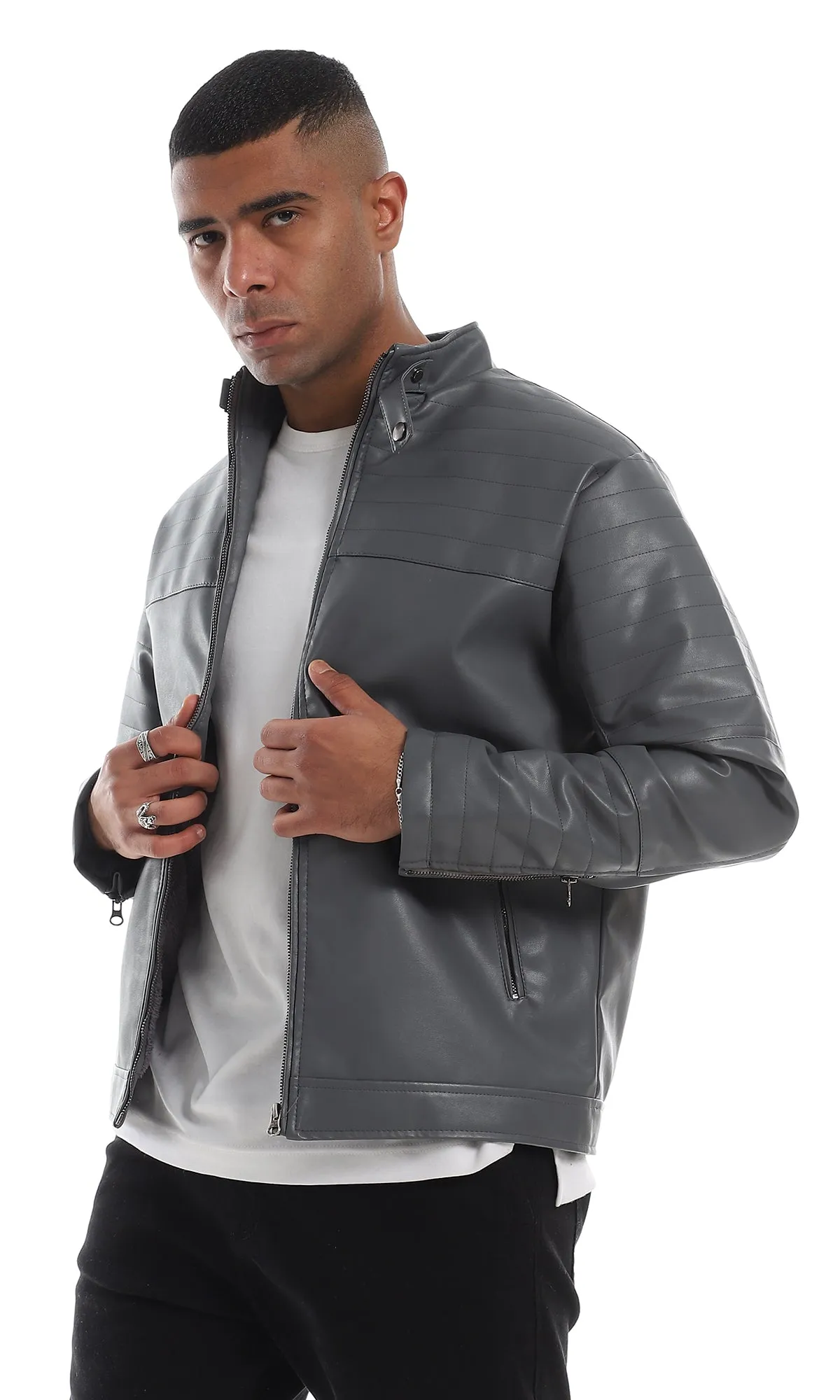 O156166 2 Side Zipper Pocket Stitched Details Grey Leather Jacket