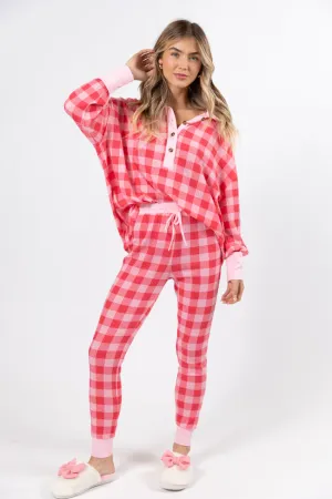 Outshine The Rest Thermal Pink & Red Plaid Lounge Pullover FINAL SALE