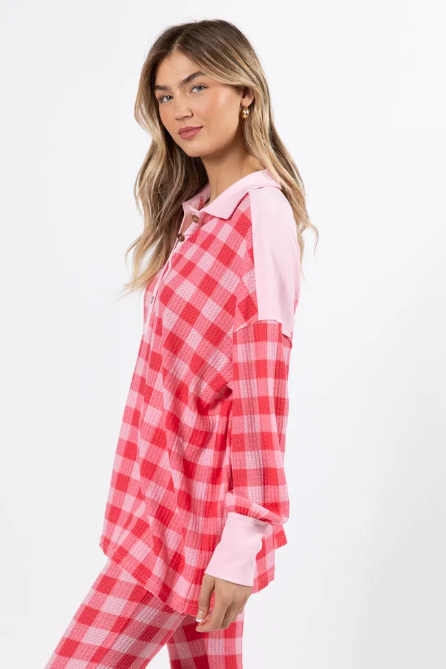 Outshine The Rest Thermal Pink & Red Plaid Lounge Pullover FINAL SALE