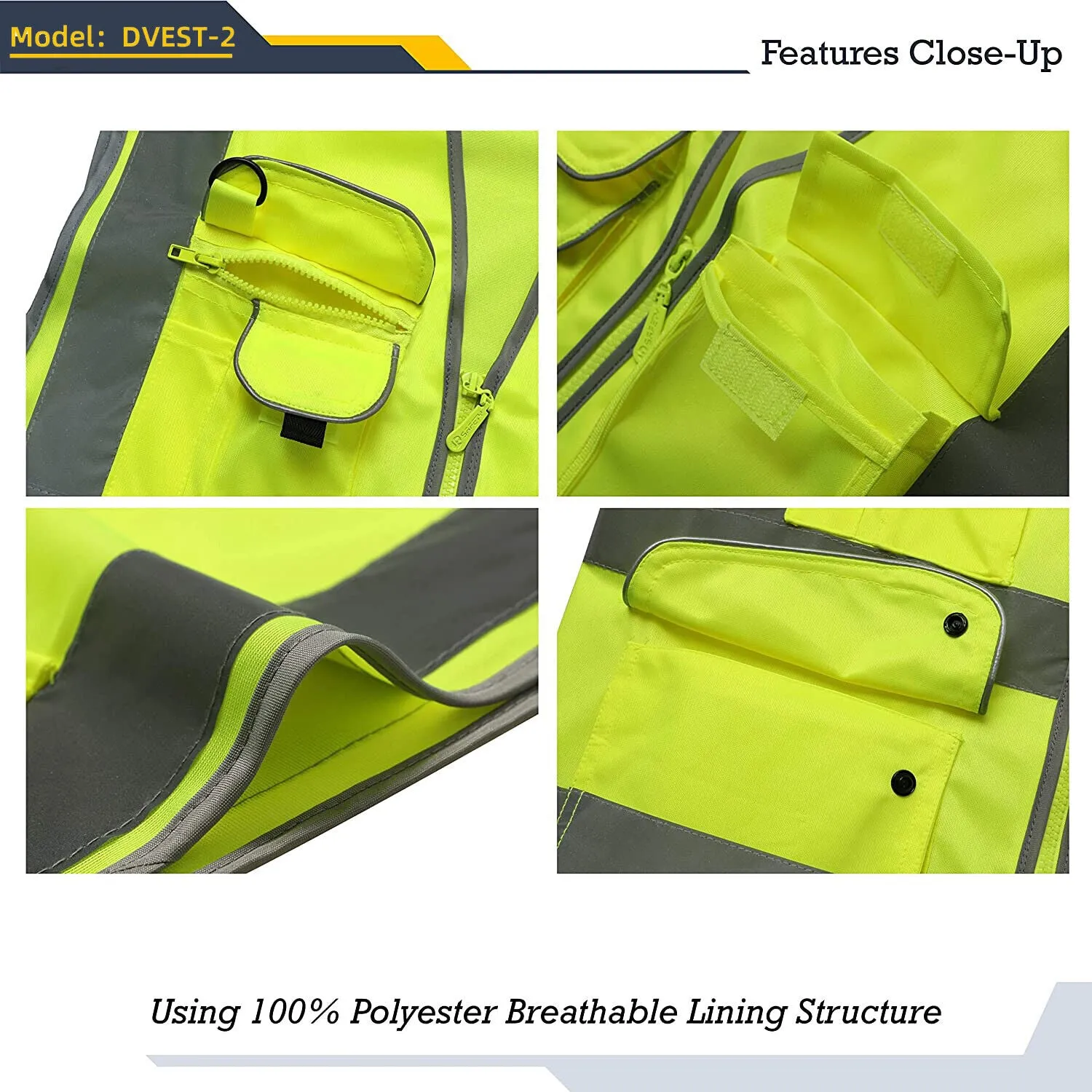 Pack of 2 Class2 Hi-Vis Reflective Safety Vests with Pockets and Zipper Front