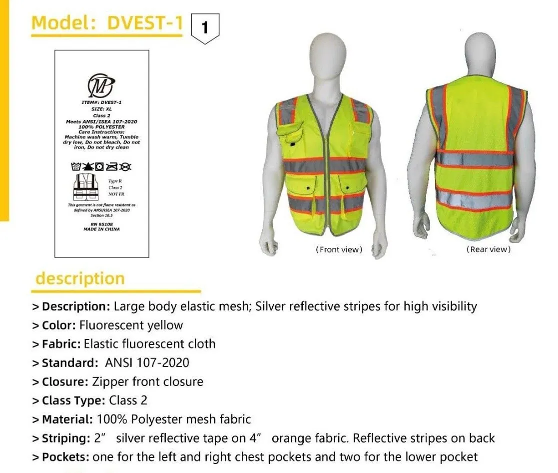 Pack of 2 Class2 Hi-Vis Reflective Safety Vests with Pockets and Zipper Front