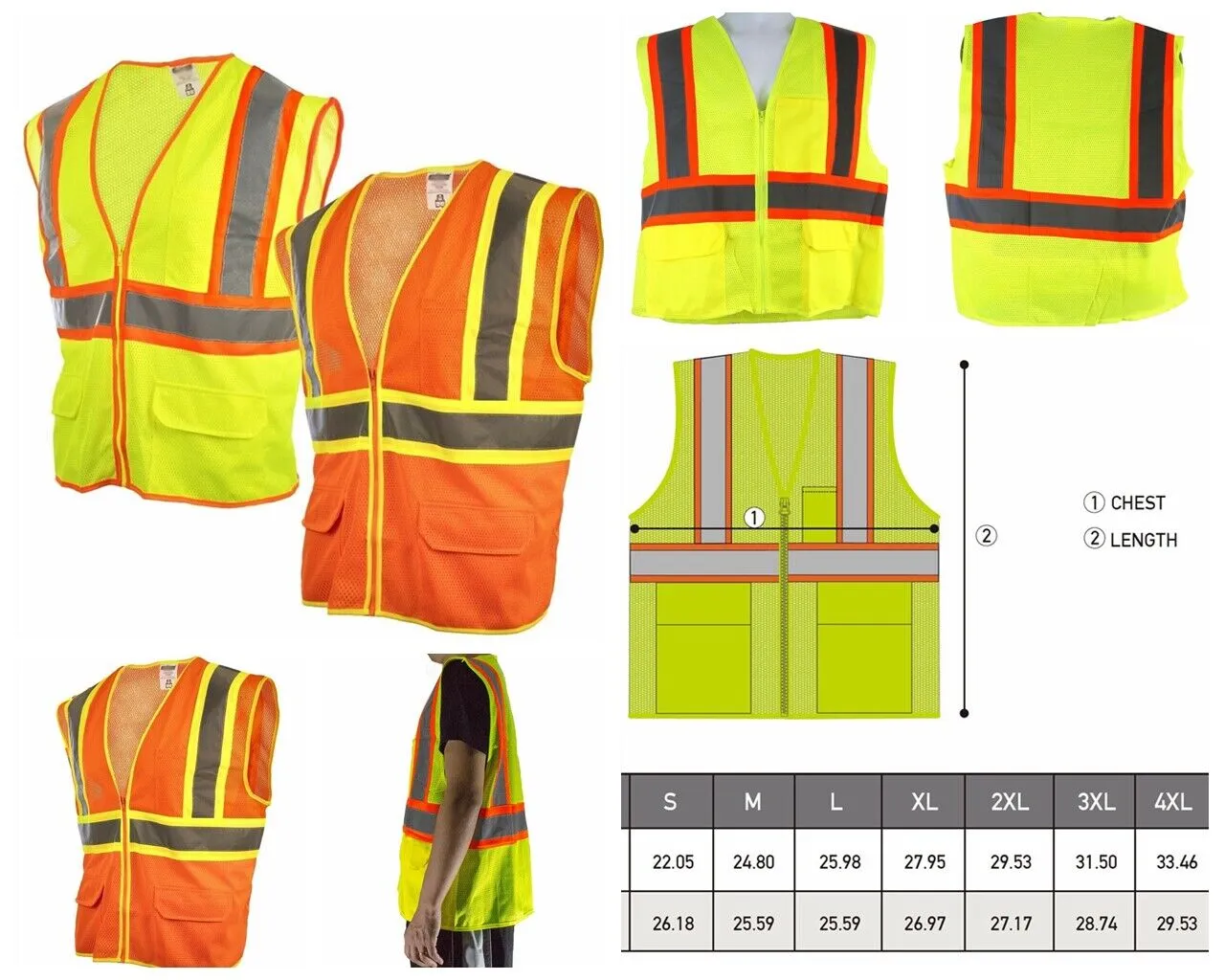 Pack of 2 Class2 Hi-Vis Reflective Safety Vests with Pockets and Zipper Front