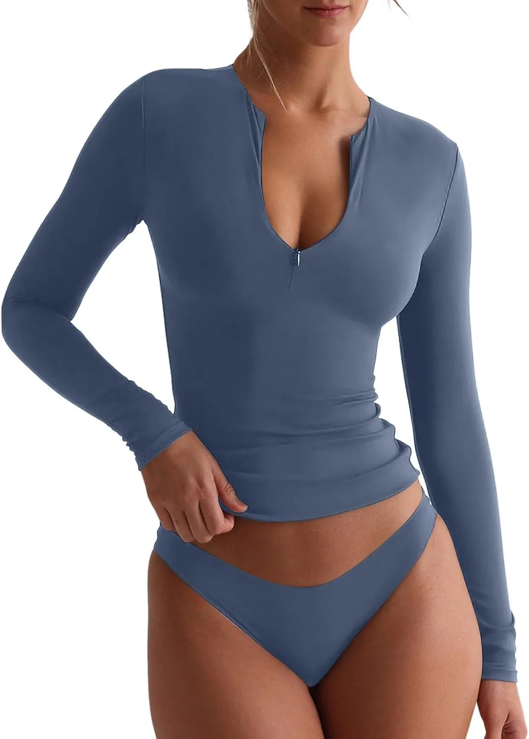 Quarter Zip Sexy V Neck Long Sleeve Cropped Top