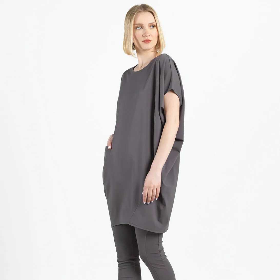 Rayon-Ponte Knit - Architectural Tunic Pocket Dress - Mocha