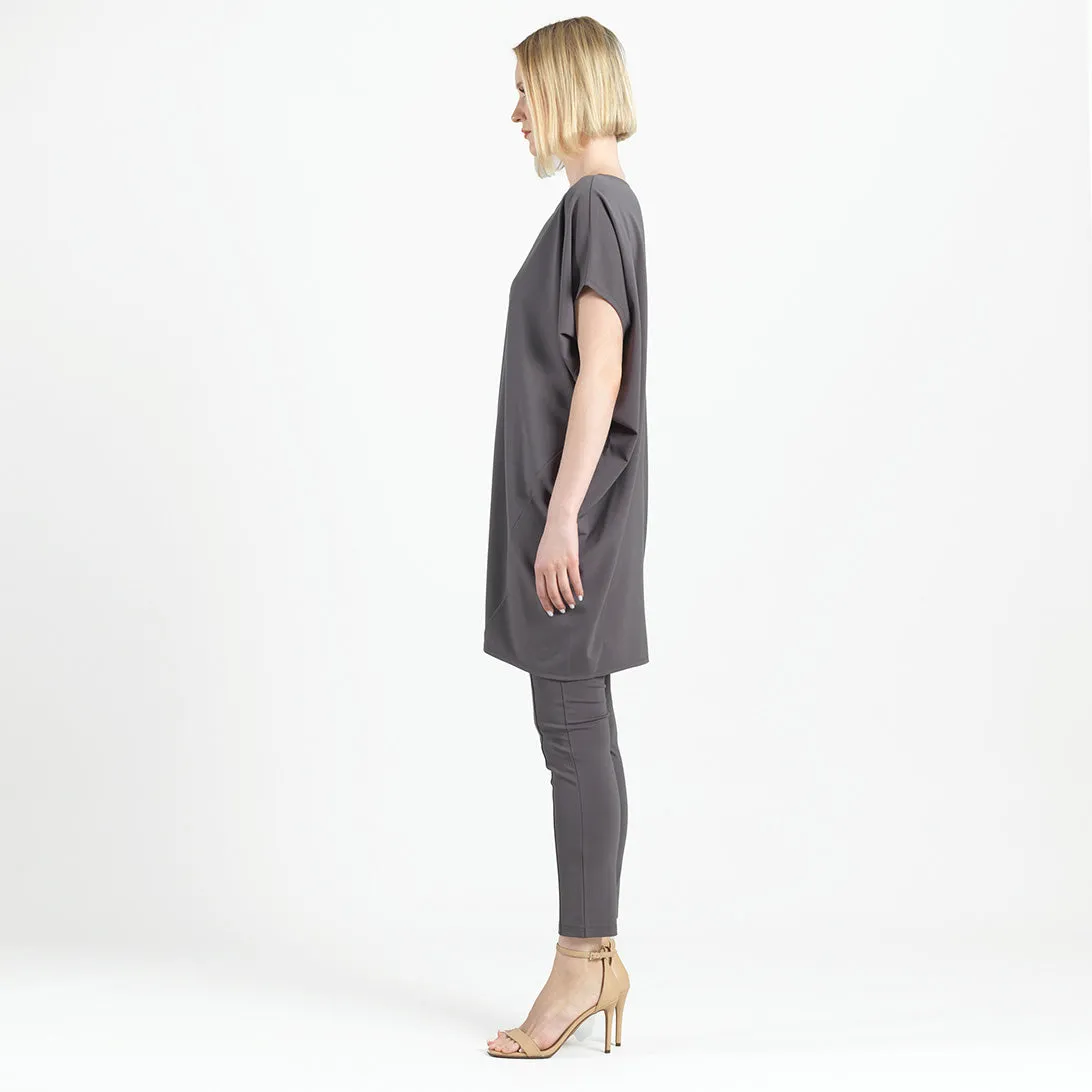 Rayon-Ponte Knit - Architectural Tunic Pocket Dress - Mocha