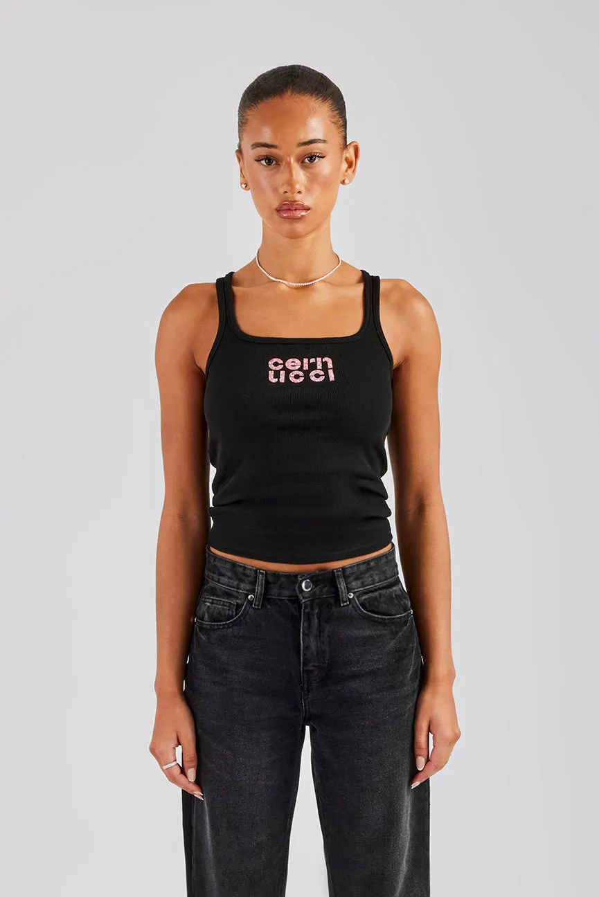 Rib Pink Glitter Applique Vest Top - Black