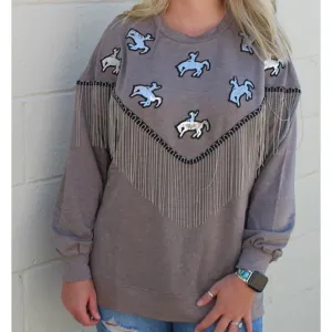 Rowdy Crowd Women's Grey with Sequins Bronc Fringe Sweater