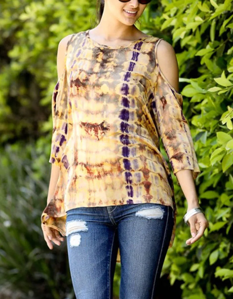 Runway Vagabond Alana Tie Dye Cold Shoulder Top in Mustard