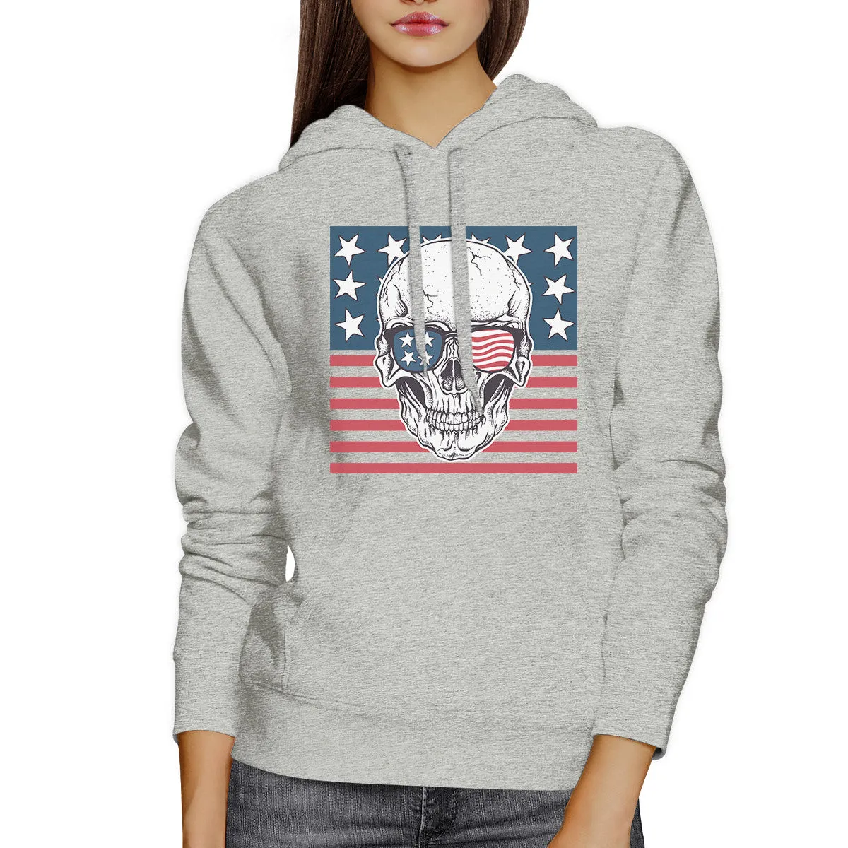 Skull American Flag Unisex Grey Hoodie Round Neck Pullover Fleece