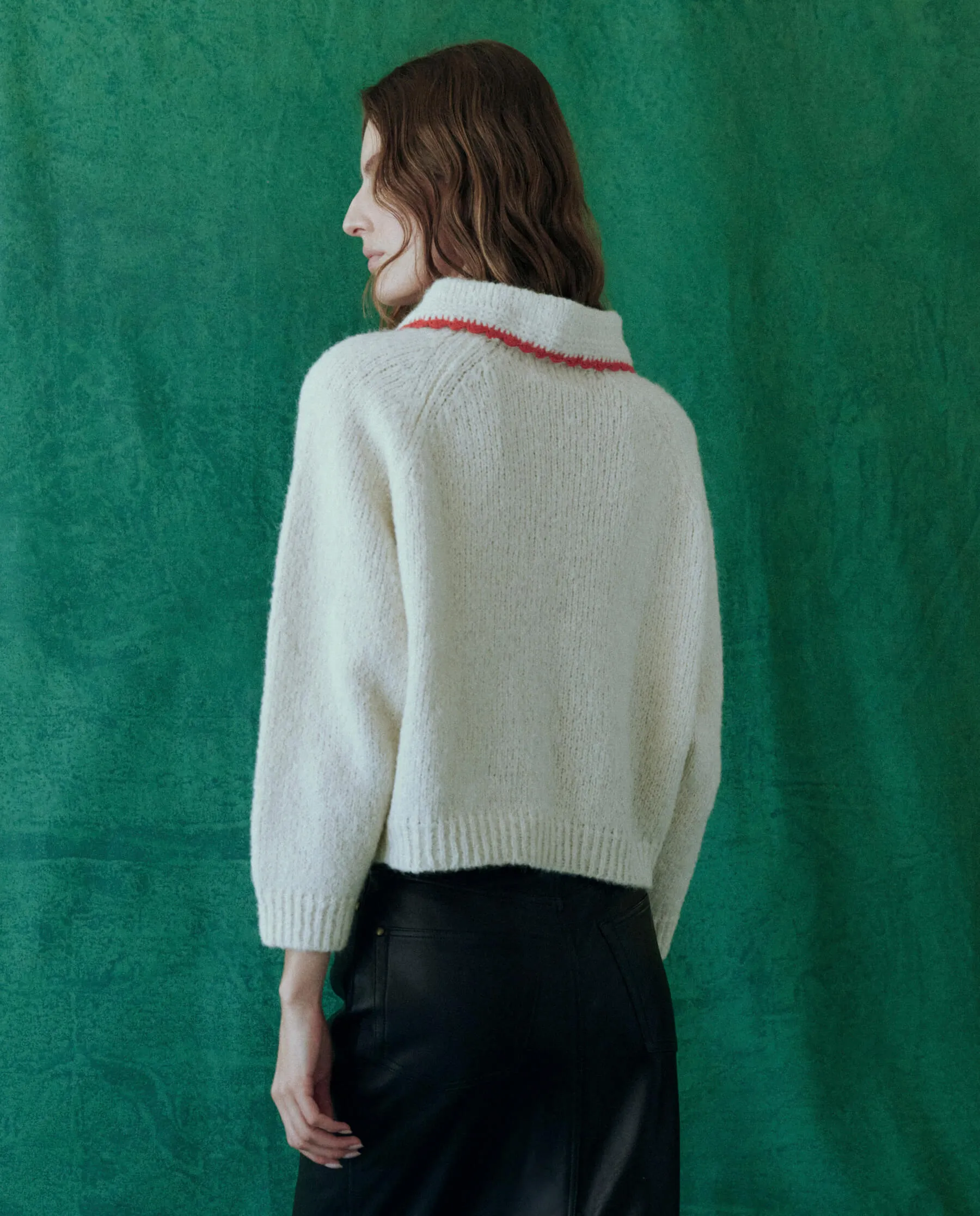 The Crochet Collar Pullover. -- Soft White with Cherry