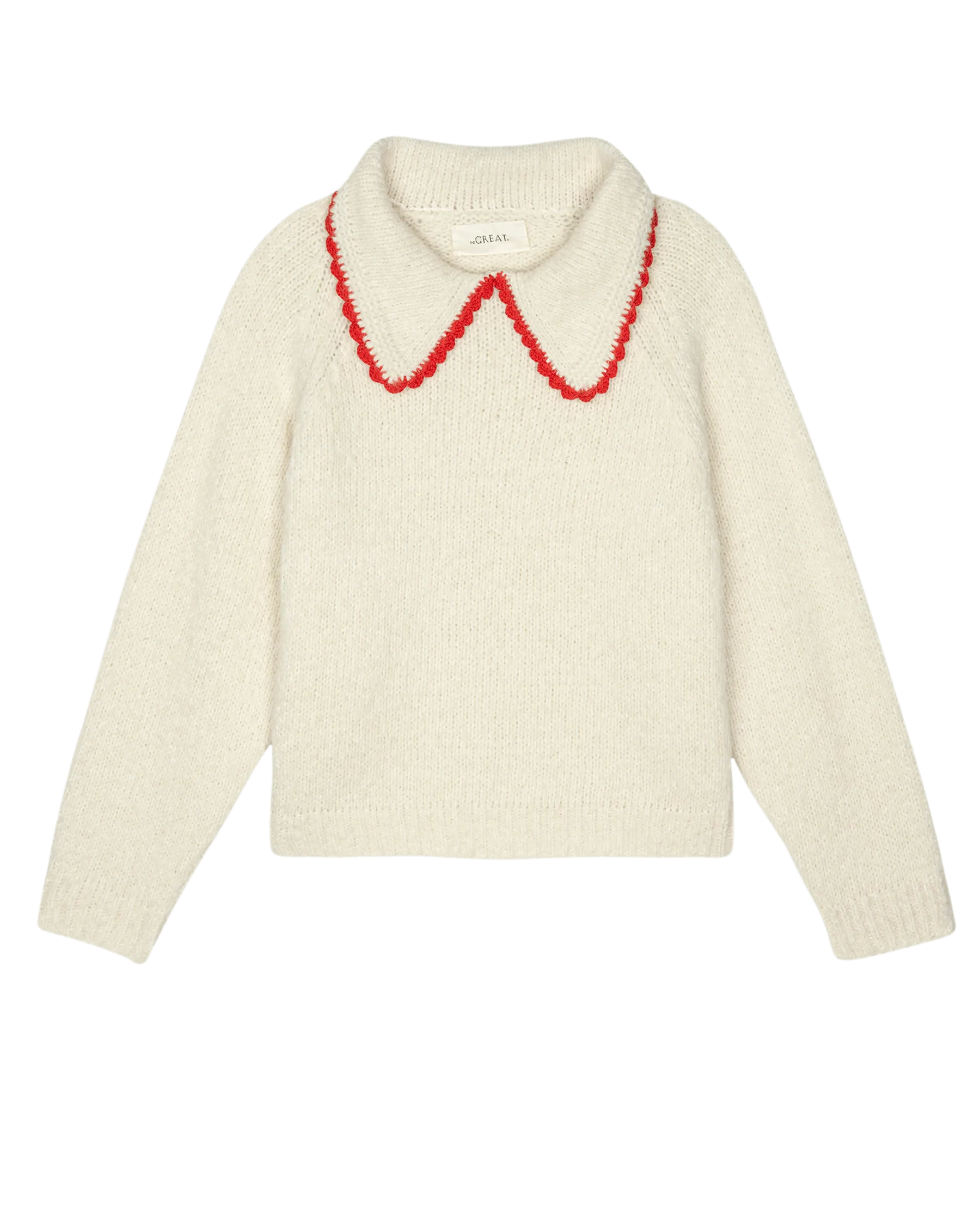 The Crochet Collar Pullover. -- Soft White with Cherry