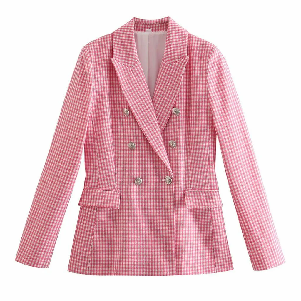 Trendy Gingham Long Sleeve Button Front Lapel Collar Blazer - Pink