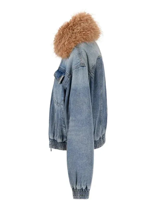 Wenkouban-Winter outfits Christmas Fur Collar Double Zipper Thick Short Denim Coat