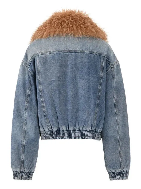 Wenkouban-Winter outfits Christmas Fur Collar Double Zipper Thick Short Denim Coat