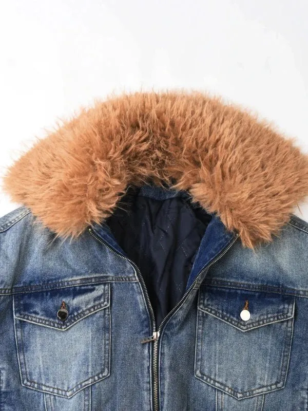 Wenkouban-Winter outfits Christmas Fur Collar Double Zipper Thick Short Denim Coat