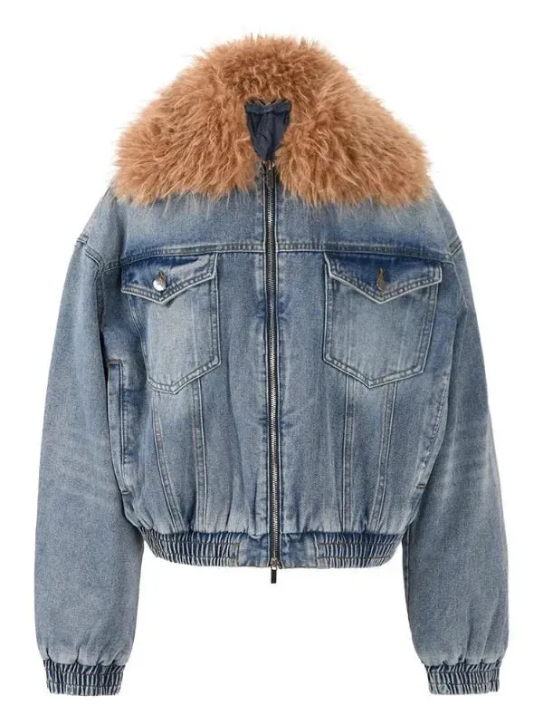 Wenkouban-Winter outfits Christmas Fur Collar Double Zipper Thick Short Denim Coat