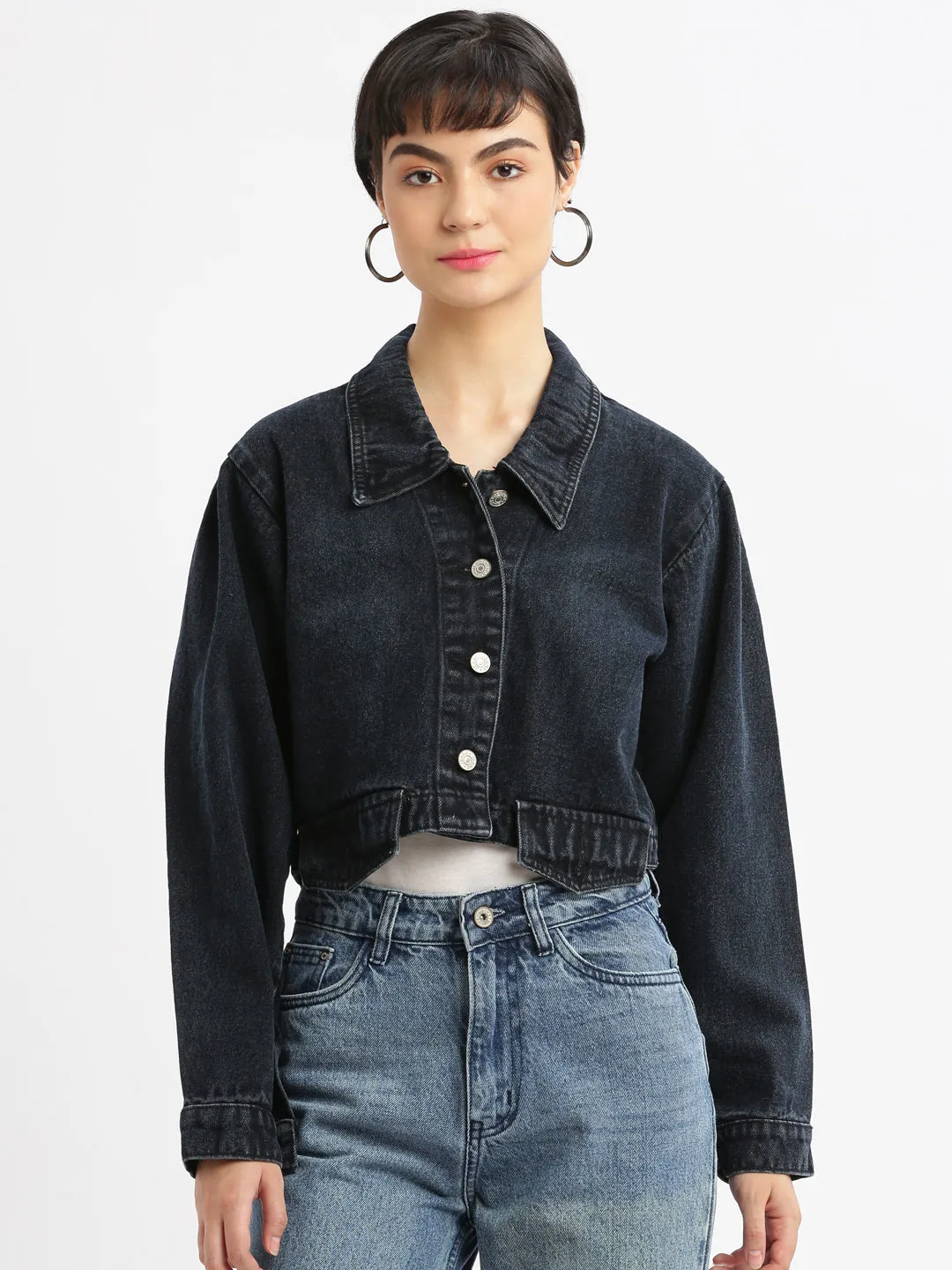 Women Navy Blue Oversized Crop Denim Jacket