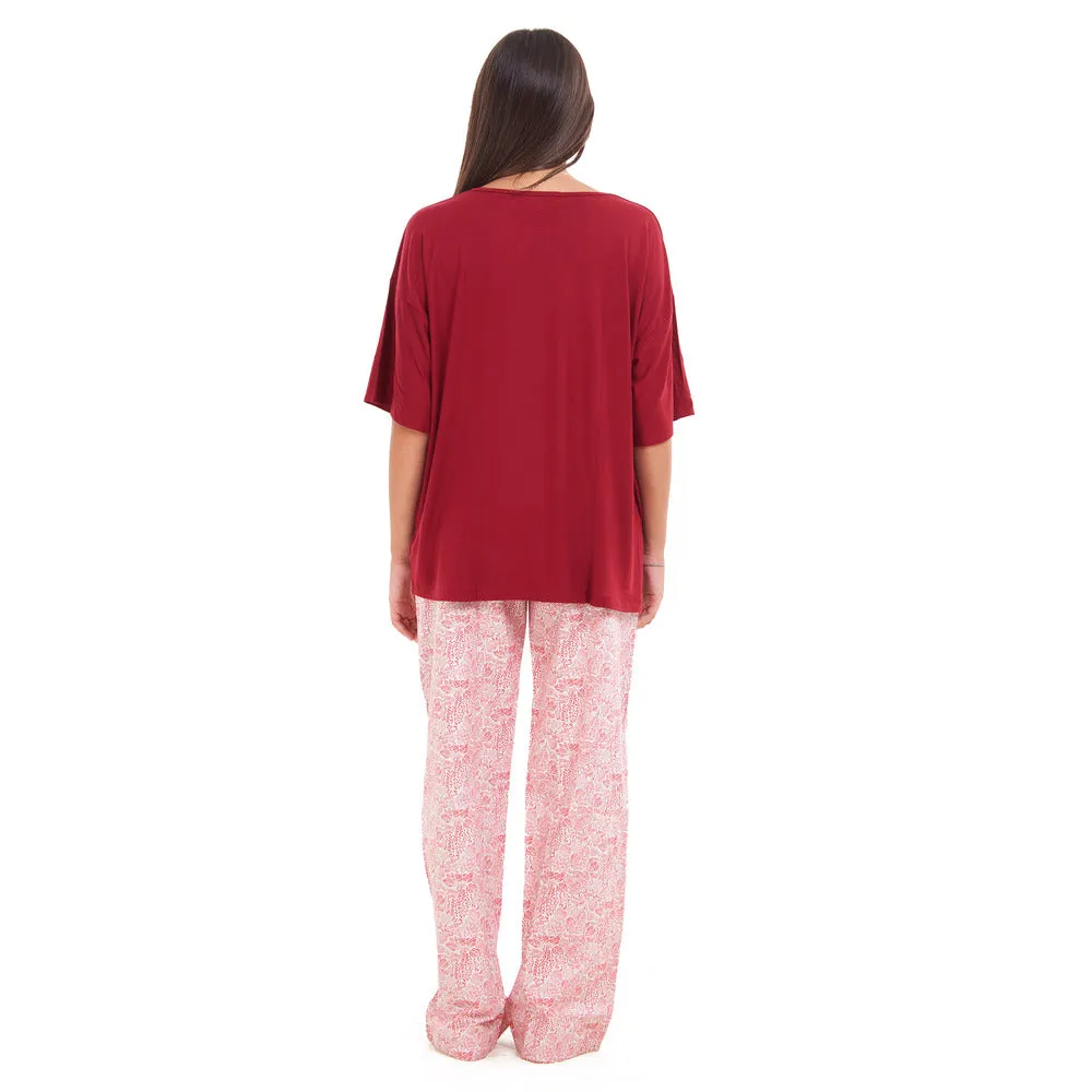 Women summer pajama set Red Oversized top   Red Flory Outines pants