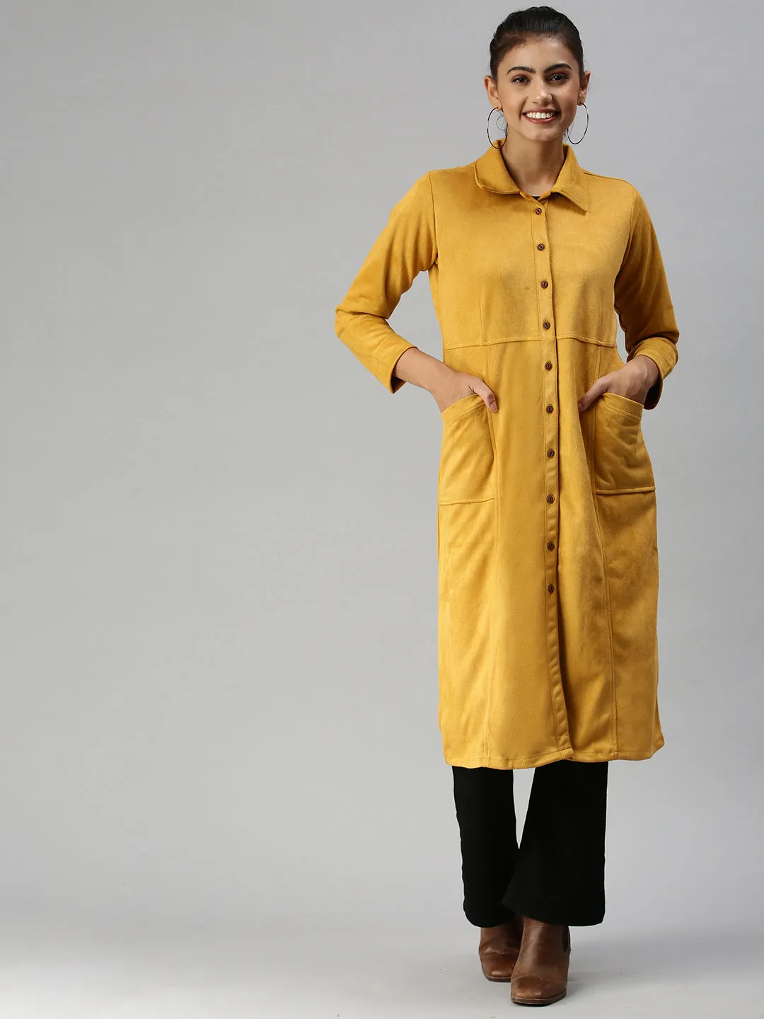 Women's Mustard Solid Duster Jacket Jackets