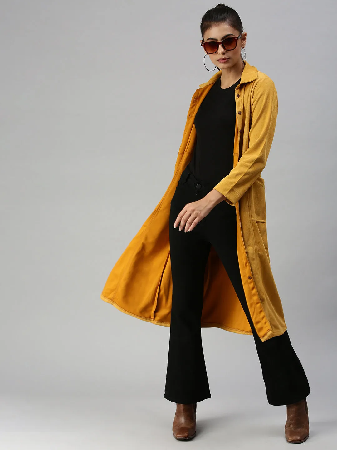 Women's Mustard Solid Duster Jacket Jackets